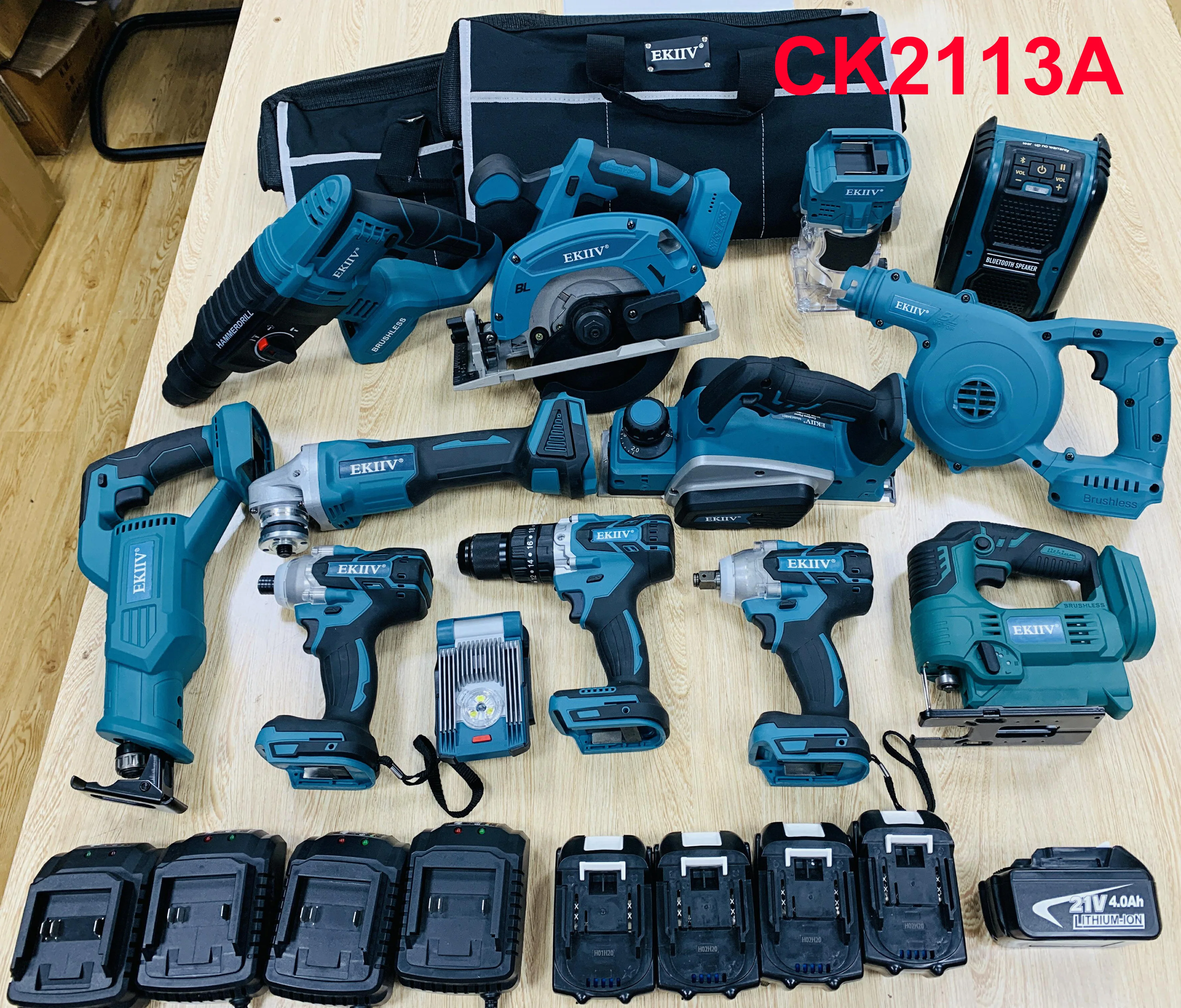 EKIIV 21V Rechargeable Cordless Impact Drill Set Multifunctional Battery Electric Hand Drill Home Power Screwdriver Tool Kits