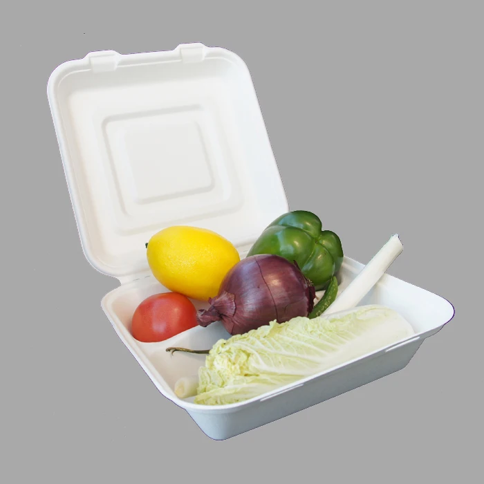 9*9inch 100% biodegradable sugarcane bagasse restaurant fast food takeaway food container 3 compartment lunch box