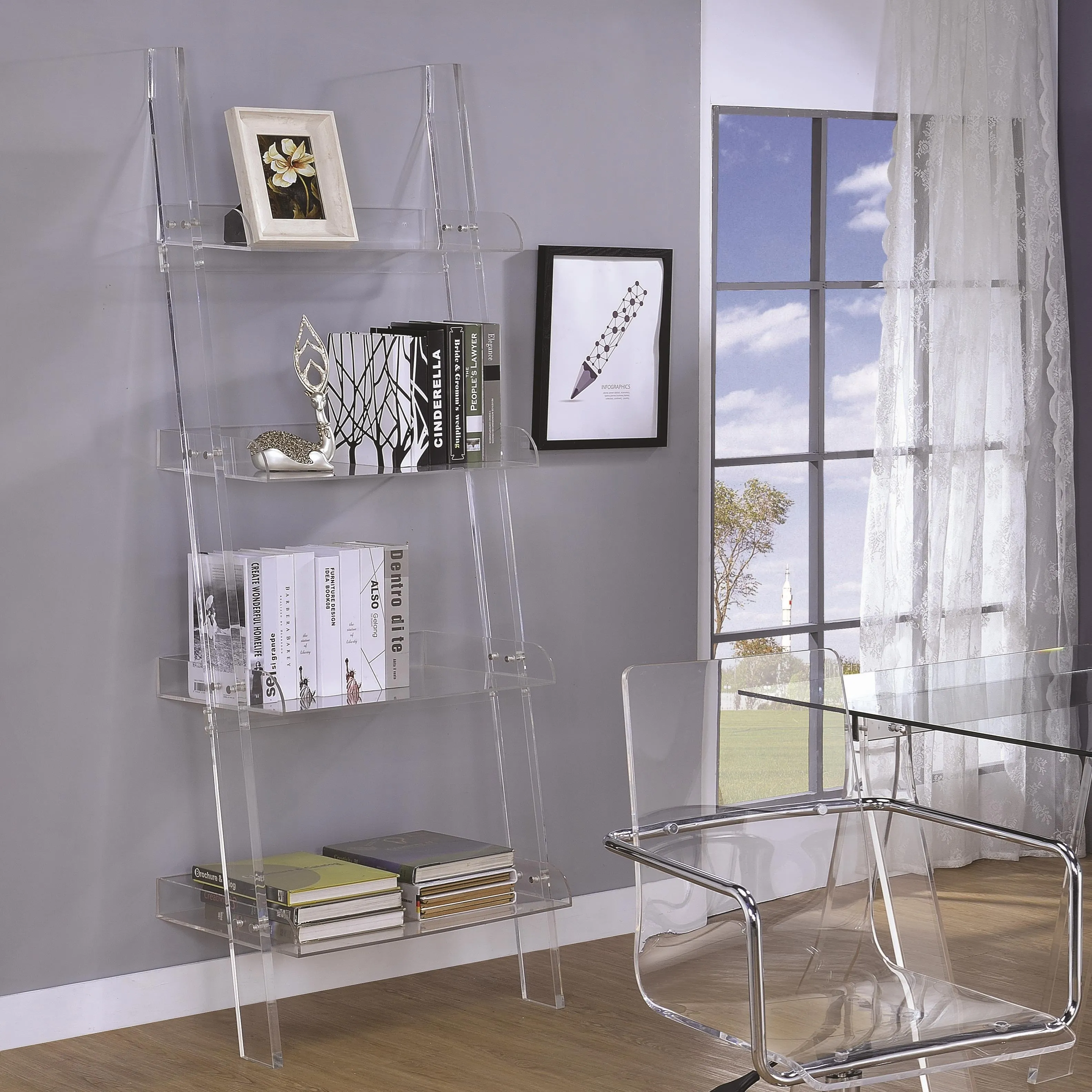 VONVIK Leaning Clear Lucite Book Shelf Bookcase Acrylic Bookcase With Ladder