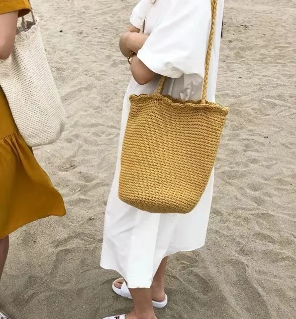Fashion Boho Crochet Knitted Drawstring Bag Summer Beach Casual Tote Handbag Women Vacation Handmade Eco Friendly Shopping Bag