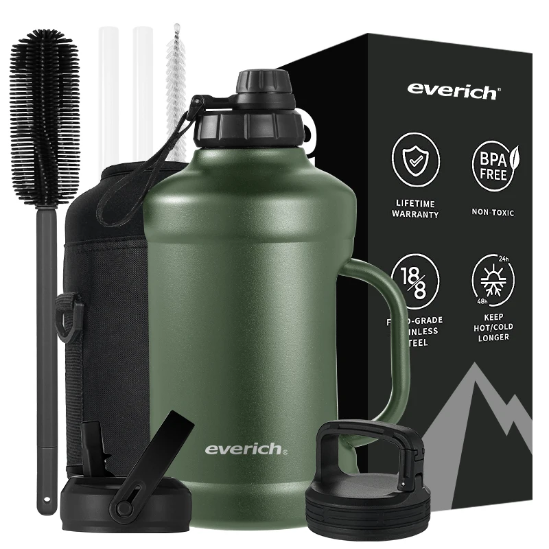 Everich Half Gallon Vacuum Jug Fitness Gym Stainless Steel Double Walled 64oz Insulated Water Bottles