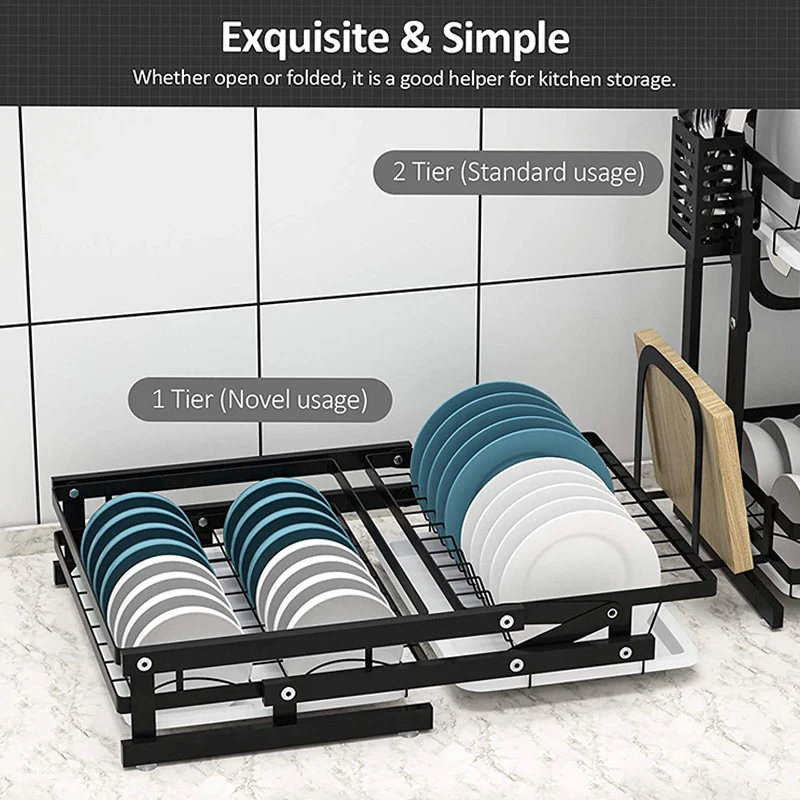 2 Tier Collapsible Dish Drying Rack Folding Plate Holder Dishes Drainer Dryer Organizers with Drainboard for Kitchen Counter