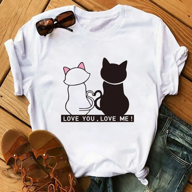 Cute Cartoon Cat Print T shirt Women Spring Summer Short Sleeve Round Neck T-shirt Woman Casual Slim Fit T shirts Women