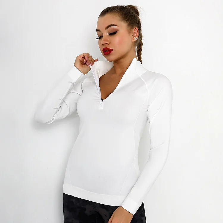 Winter Active Wear Top Solid Color Sweatshirts Seamless Four Way Stretch Women Long Sleeve Half Zipper Yoga Top With Thumb Hole