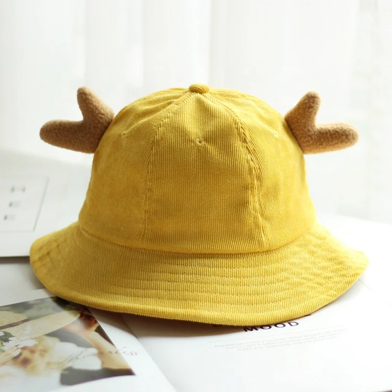 Cute Fashion Children Kids Yellow Corduroy Bucket Hat With Horns Dome