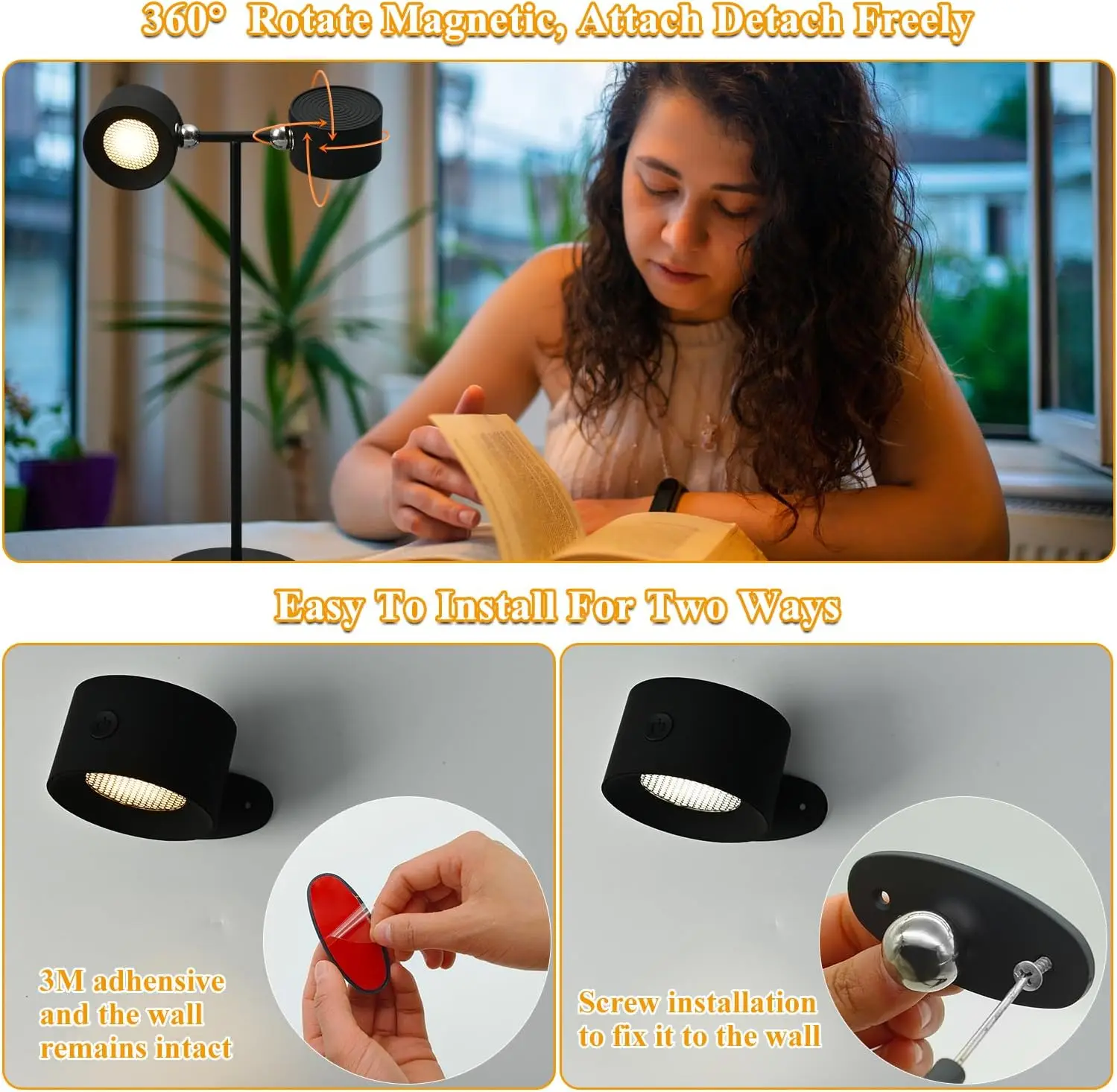 3 Color RGB Magnetic 360 Rotation Cordless Picture Lights LED Wall Mount Sconces Desk Table Lamp with Remote