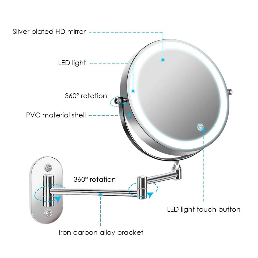 8 inch Hotel Double Sided touch switch bathroom led lighted face mirror Wall mount 3X 5X magnifying vanity Makeup mirror