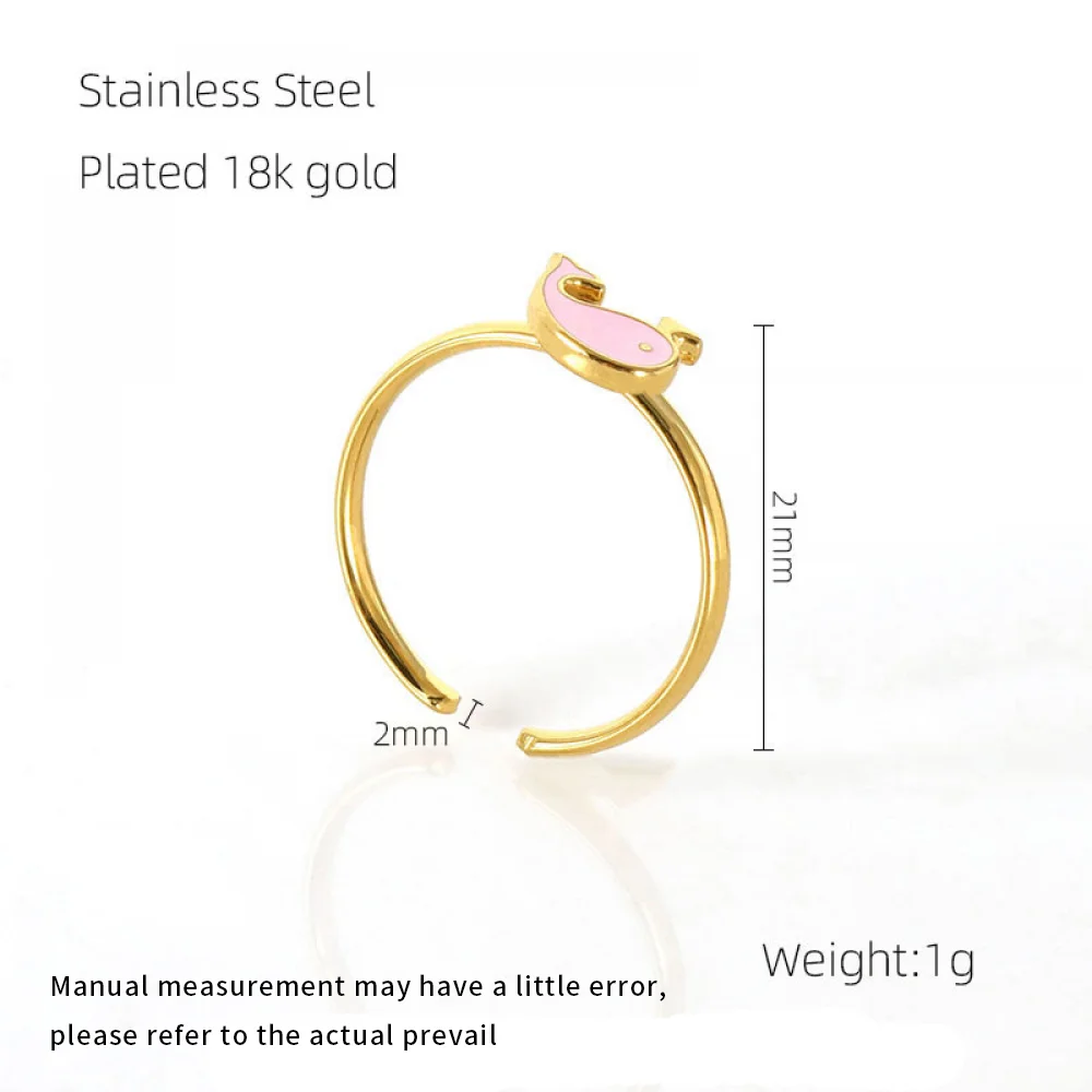 Cute Fashion Jewelry Girls Stainless Steel Gold Plated Dolphin Open Adjustable Pink Enamel Oil Drip Love Heart Rings