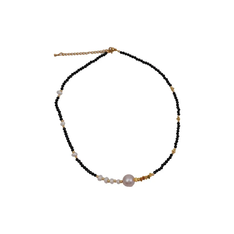 18k gold plated fashion black obsidian beads baroque pearls necklace for girls cute