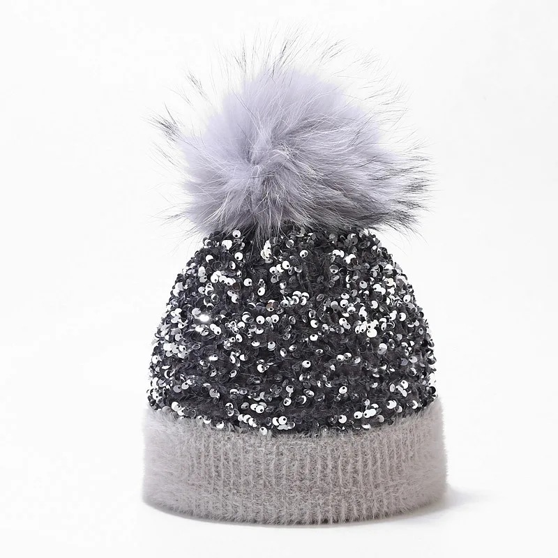 HZM-61066 Women Sequin Knitted Beanie Hat with Faux Fur Pom-Pom Shiny Bling Skull Cap
