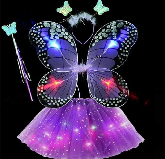 Kids Girls Led Light Up Butterfly Wings With Tutu Skirt Butterfly Angel Fairy Wings Costume Set Stage Props Luminous wings