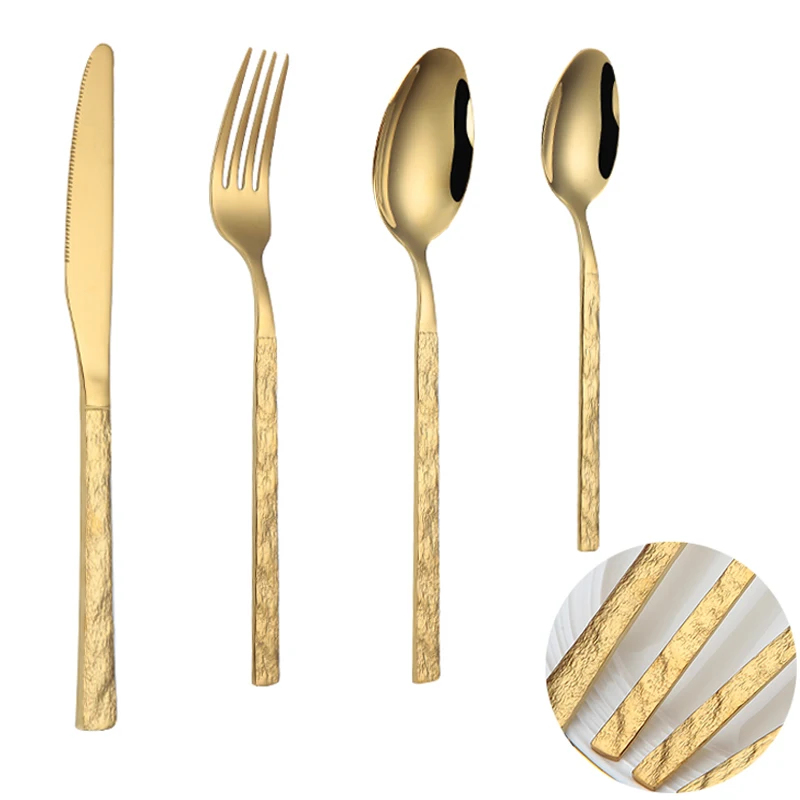 Luxury Baroque Wedding 18/10 Stainless Steel Cutlery Set With Hammer Point Handle Wedding Gold Flatware