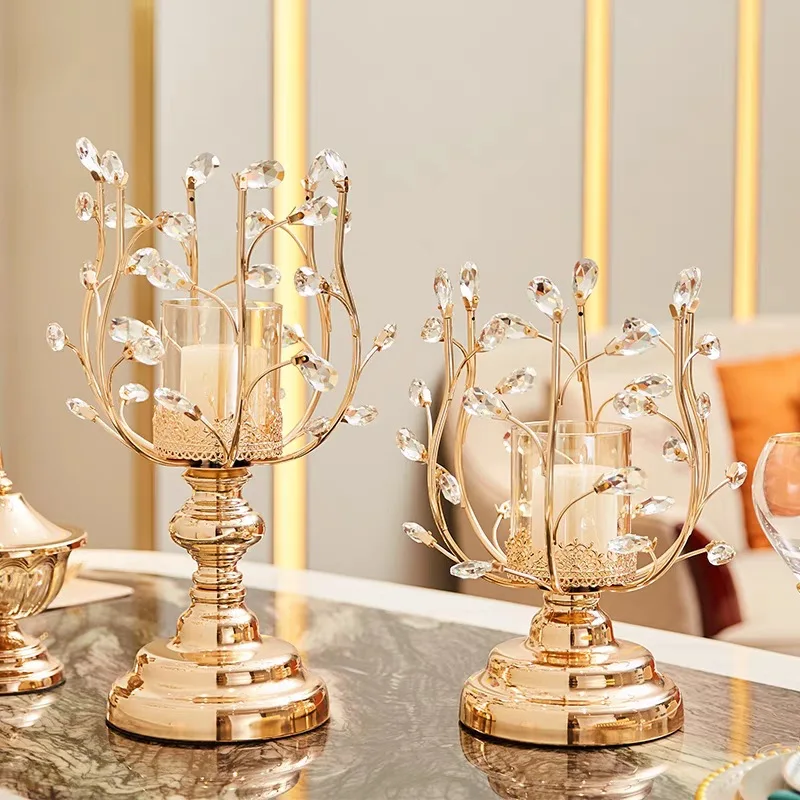 European Luxury Crystal Metal Candle Holder for American Home Dining Table Candlelight Dinner Ornament Metal Lantern Candle Jar