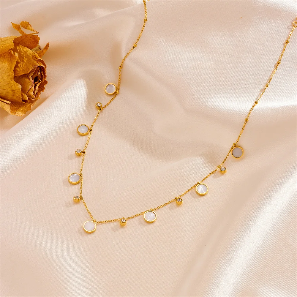 Fashionable Simple Titanium Steel Necklace for Women Trendy Clavicle Chain Temperament Multiple round White Beret Stone Holder