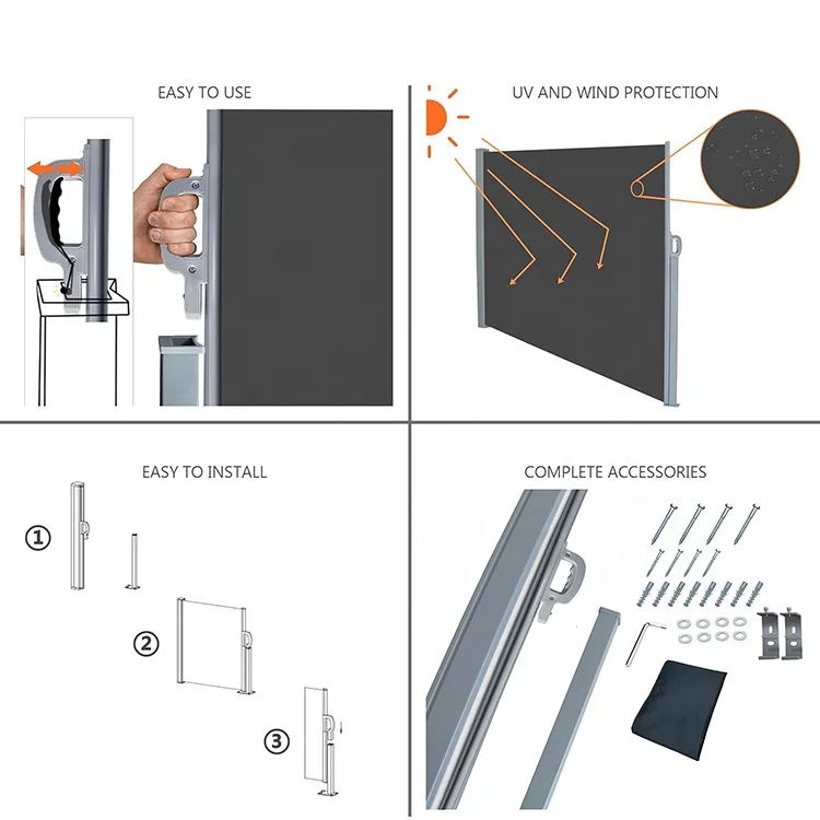 Extendible Side Awning for Balcony Garden Terrace Steel Aluminum Windproof  Privacy Screen Divider