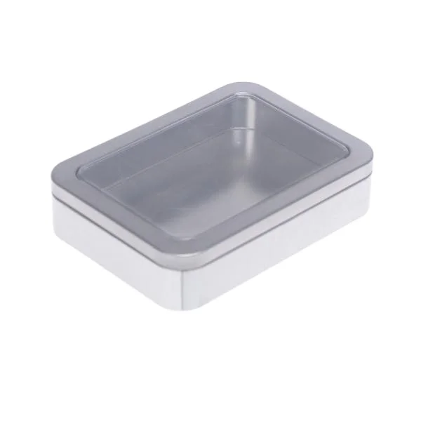Wholesale tin metal silver box container with window lid factory price cosmetic tin can