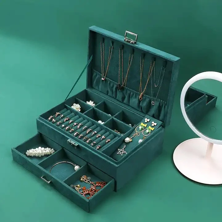 3 Layer Green Velvet Jewelry Organizer Box with Lock for Women Jewellery Storage Case Rings Necklace Earrings Bracelet Display