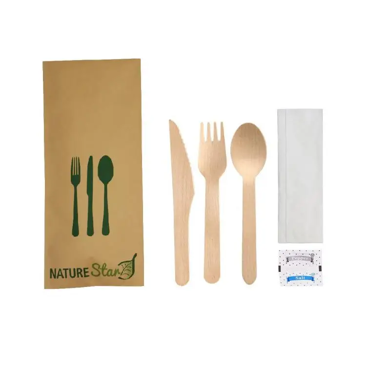Promotional low price biodegradable wood cutlery set disposable knife spoon fork napkin 4 in 1 with logo