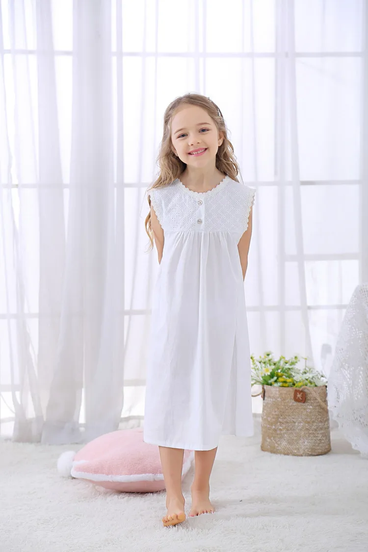 Cotton white kids summer sleepwear sleeveless square collar new pajamas