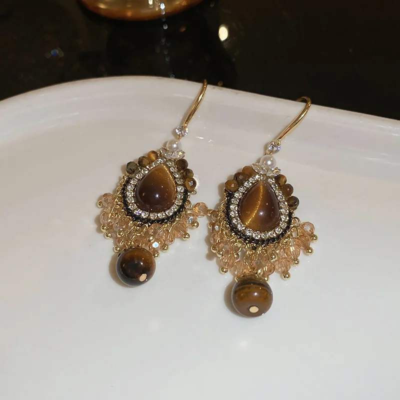 Tiger Eye Stone Style Tassel Earrings Vintage Design Earrings French Personalized Palace Style Earrings for Women