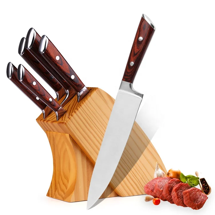 Wholesale price red color pakka wood handle forge stainless steel knife set with bamboo block