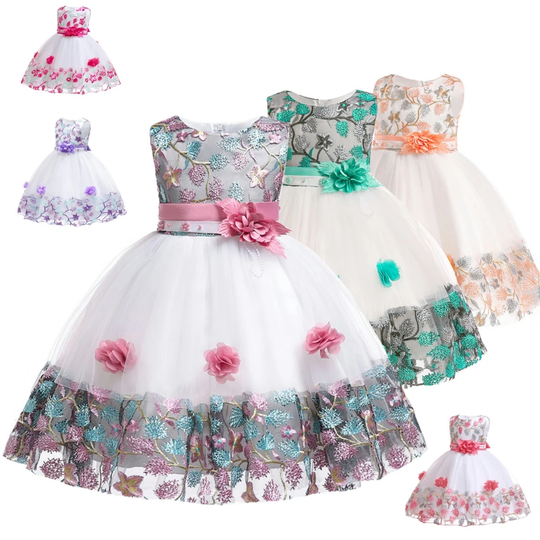 Latest style one piece birthday party frocks pageant kid wedding flower bow girl puffy princess tulle dress for 4-10 Years