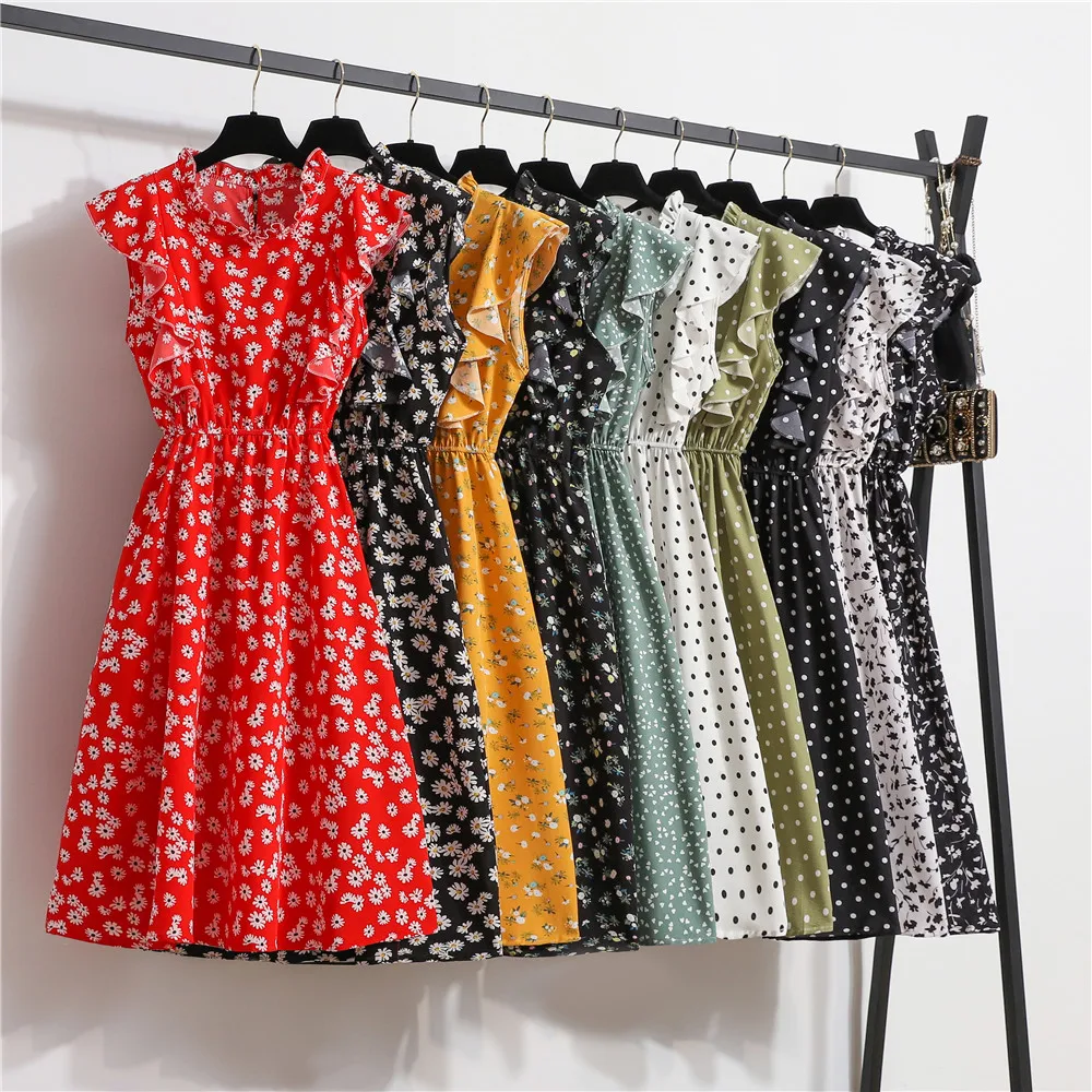 Summer Sleeveless Floral Midi Chiffon Dresses Women Boho Ruffle Stand Collar A-Line Tank Dress Female Dot Party Beach Vestidos