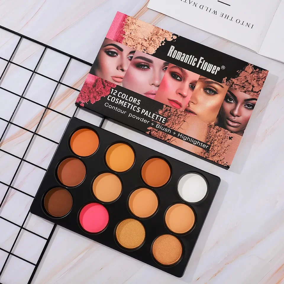 Private label 12 color press powder palette make up face pressed powder palette for dark skin