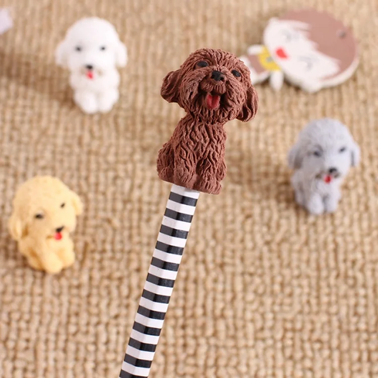 Cute 3d dog cartoon teddy pencil topper erasers customized stationery for kids and school supply