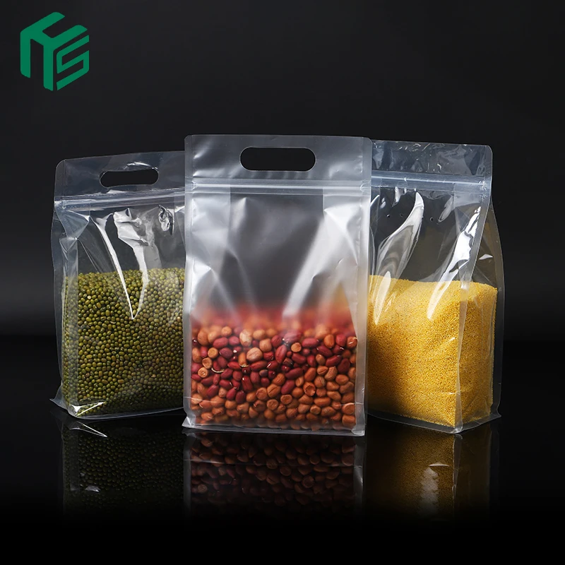 Custom Food Grade Frosted Flat Bottom Nut Food Packaging Standing Up Pouch Transparent Packing Bags With Handle