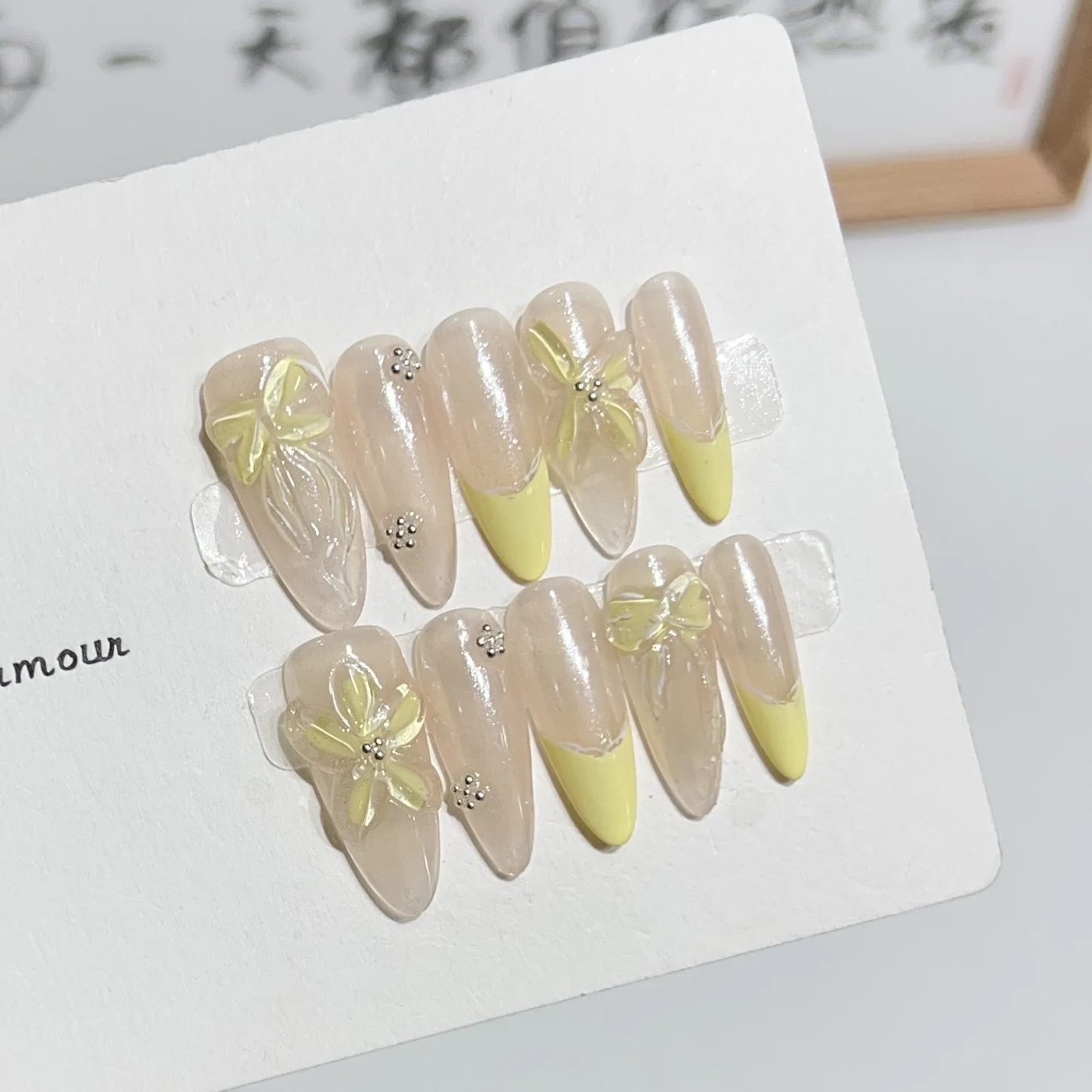 Acrylic Nails Wholesale Pure Handmade Nude Blooming 3D Yellow Ice Flowers Steel Ball Exquisite Custom Press On Nails