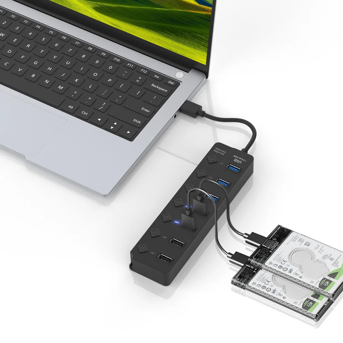 High Quality Tech 7 Port USB Hub with independent Switch, 4 Port USB 3.0 3 Port USB 2.0 for Laptops, Computers