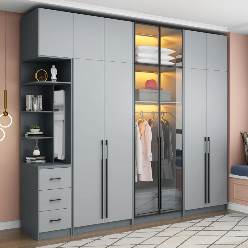 ULT-NY-555  Modern swing door wooden cabinet 2 door Wardrobe cupboards for bedroom LED light glass with mirror  wardrobes