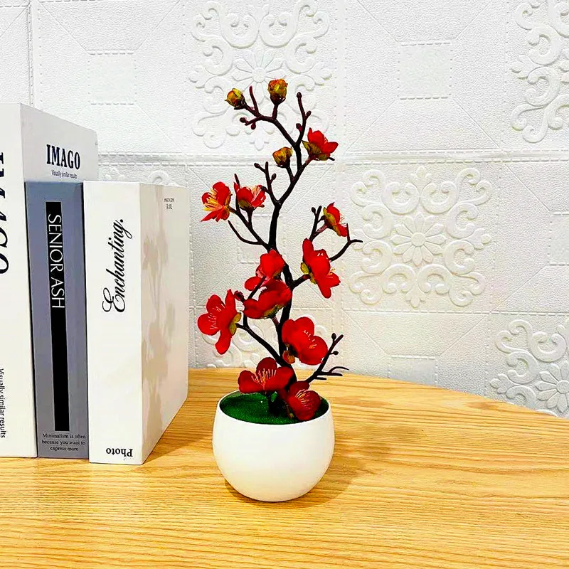 Simulation Plum Flower Pot Plant Artificial Plastic Faked Flowers Home Office Desktop Ornaments Wedding Party Background Decor