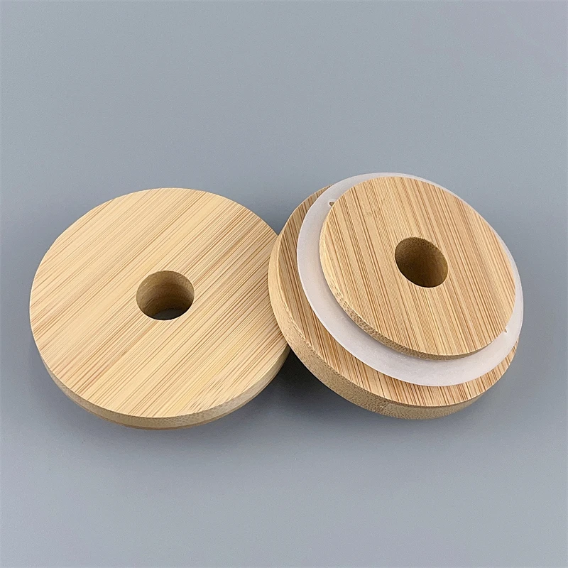 wholesale 70mm Durable Drink Jar Mason Jar Lids 86mm Wooden Bamboo Lid With Straw Holes