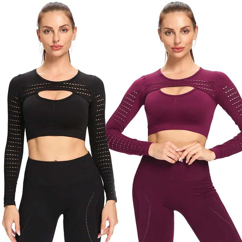 Europe and America New Style Mesh Long Sleeve Seamless Hollow Out Yoga Crop Top Sport Top Running Fitness Wear Shirt