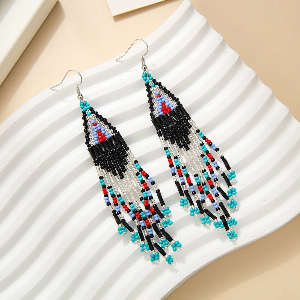 Fashion Bohemia Ethnic Style Lady Long Seed Bead Earrings Tassel Boho Jewelry Earrings