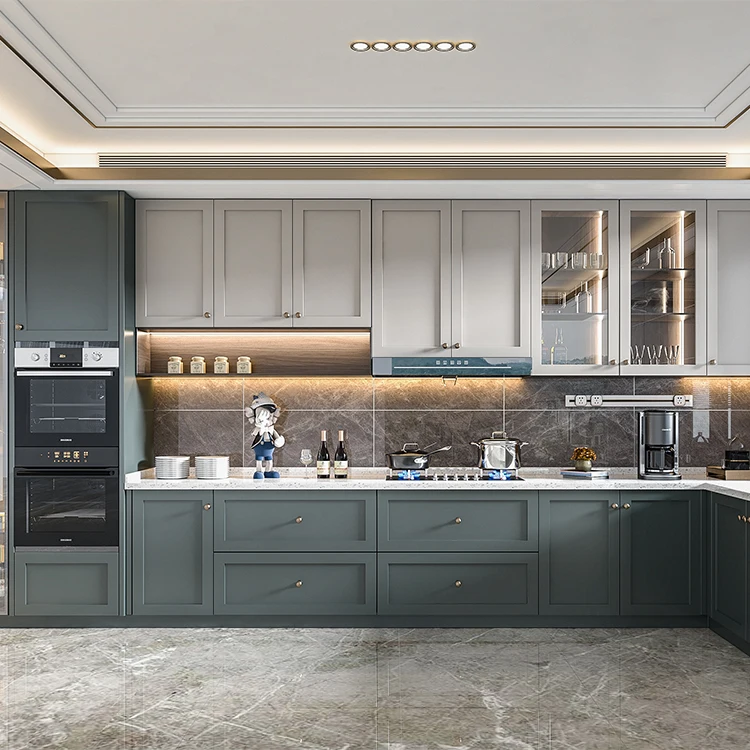 Water resistant kitchen cabinet shaker style wholesale pvc door pakistan wood solid oak design green kitchen cabinets