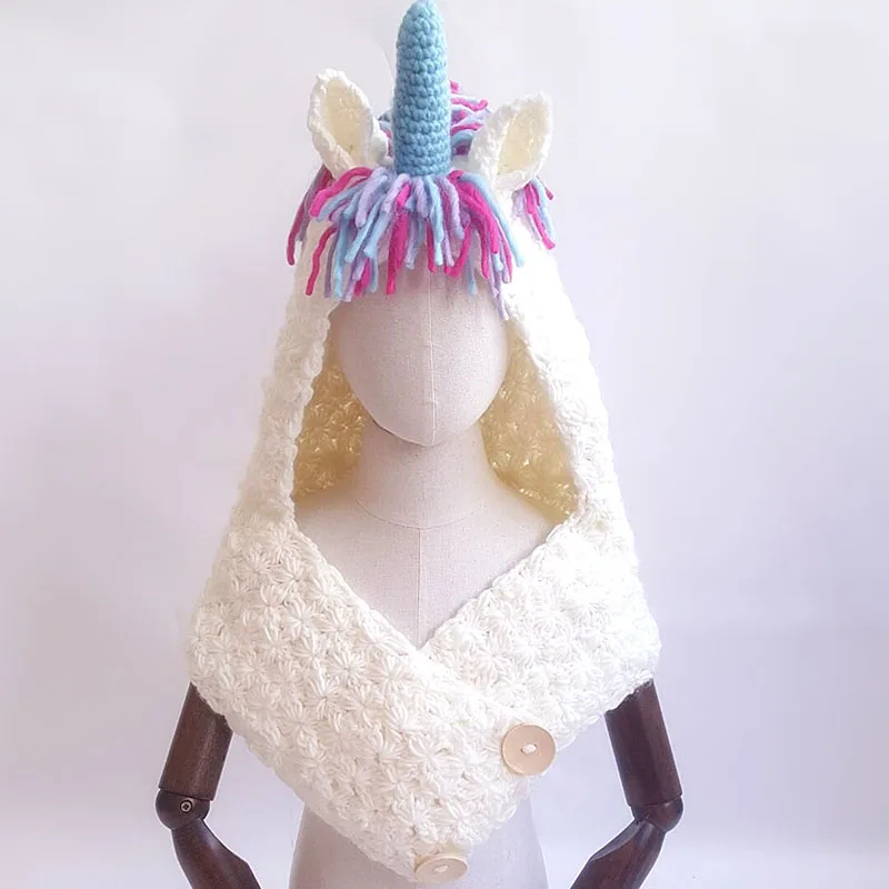 Girls Warm Handmade Children Knitted Beanie Crochet Cartoon Hooded Scarves Unicorn Winter Hat Neckerchief