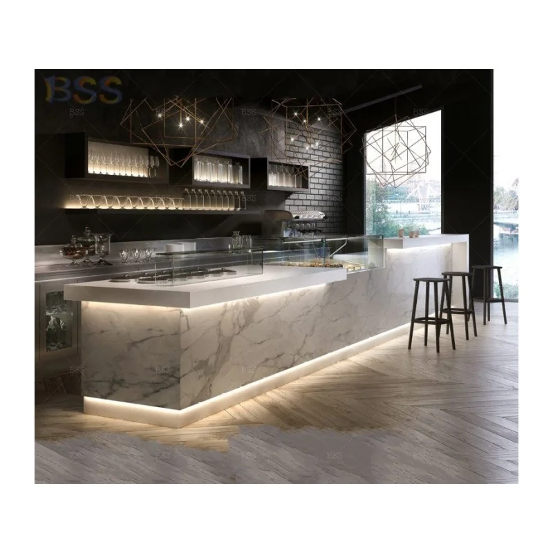Modern Cafeteria Counter Design Contemporary Western High Quality Luxury Custom Made Marble Cafeteria Counter With Led Light