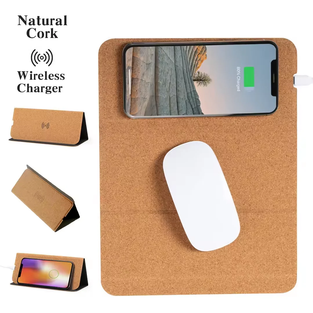 Wholesale 3 In 1 Tech Gadgets Foldable Phone Holder Cork Wireless Charging Mouse Pad Fast Wireless Charger For Household/Office