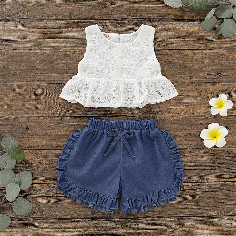 
Baby Girl Summer Clothing Sets white lace Top + Denim ruffle shorts 2pcs girls Outfits 