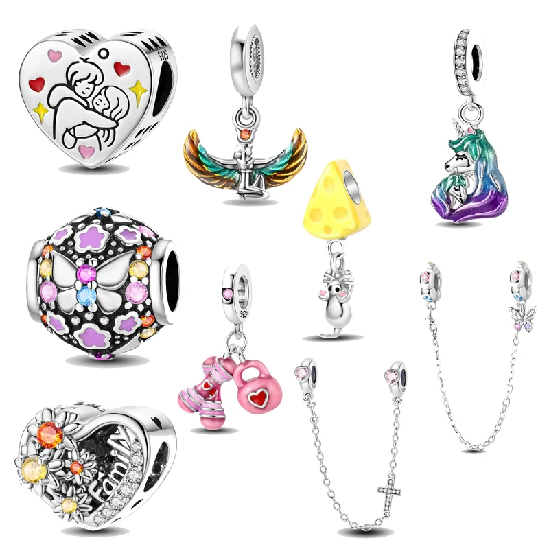 New 925 sterling silver Dumbbell Flower Mouse Unicorn Angel Pendant Beads Fit Original Pan Charms Bracelet DIY Jewelry