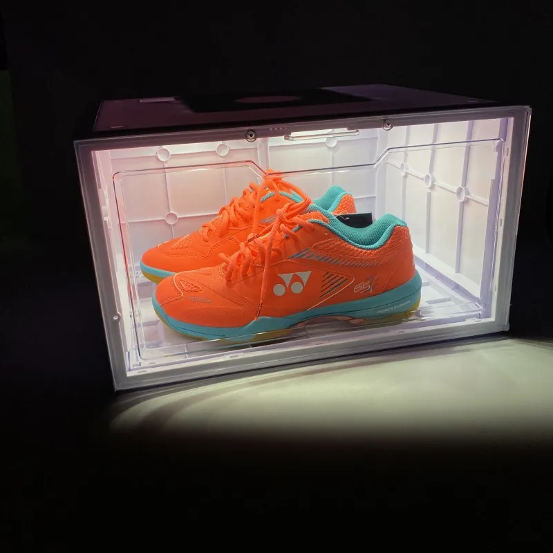 Боковая открытая пластиковая коробка со светодиодной подсветкой для демонстрации обуви, светодиодный бокс для хранения кроссовок с голосовым управлением