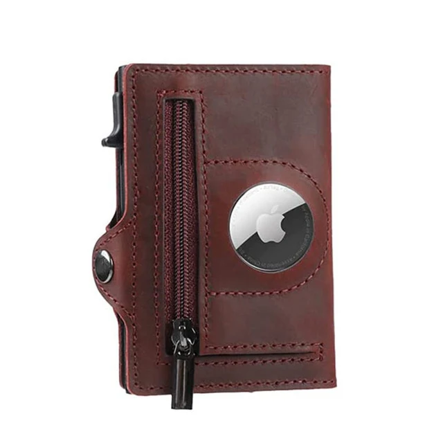 OEM RFID Blocking Leather Credit Card Holder Slim Money Clip Tri-fold Wallet with Zipper Pocket for Apple Airtag