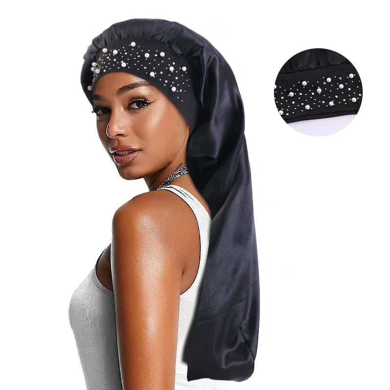 Custom Logo Braid Bonnets Night Sleep Cap Hair Bonnet Beaded Long Satin Bonnets with Wide Band