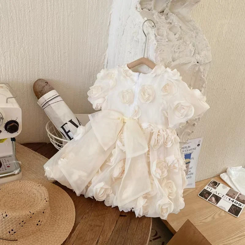2024 New Flower Girls Party Dress Formal Long Sleeve Lace Ruffle Wedding Dress Children Short Sleeve Beige Kids Dress