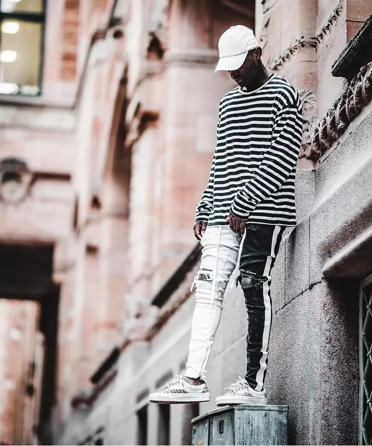 Fashion two tone slim fit distressed hip hop pants high street stretch skinny ripped custom denim jeans for men