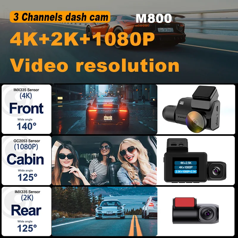 2.0 inch mini 4k wifi gps 3 channel night vision dash cam front and rear and inside dashcam 3 lens car dvr 4k dashcam
