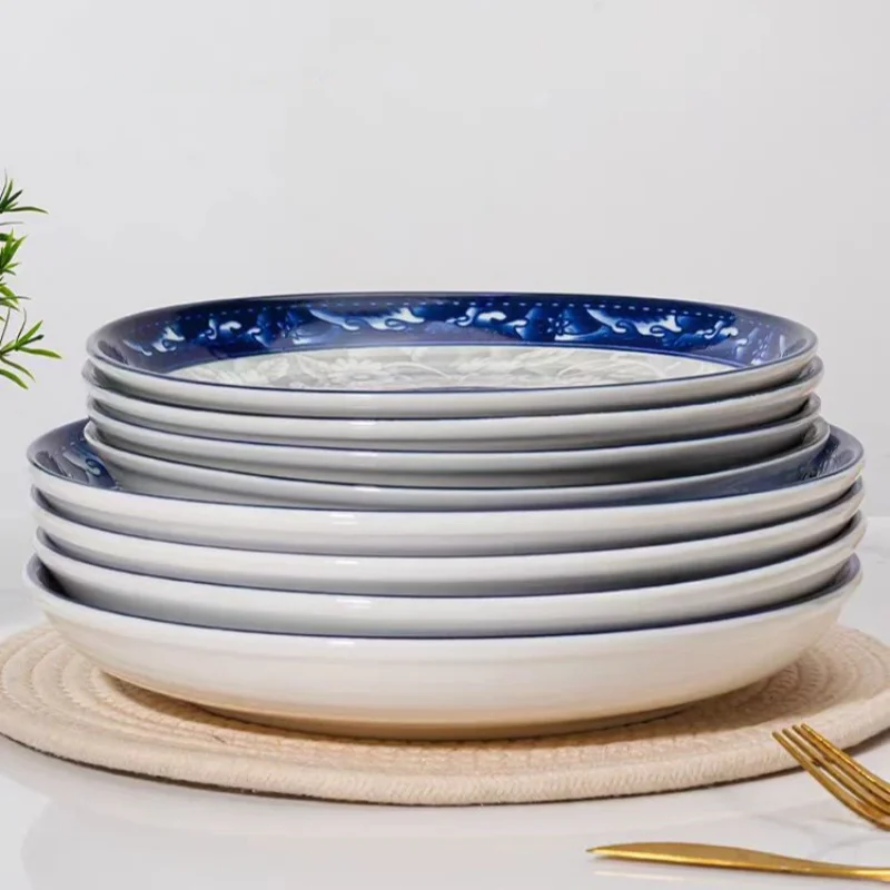 National Style Blue And White Series 9-inch Creative Home Ceramic Dining Plate, Fruit And Vegetable Plate, Blue And White Plate